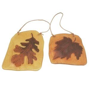 Suncatchers Fall Autumn Leaves Reverse Hand Painted Glass Leather Cord Set of 2